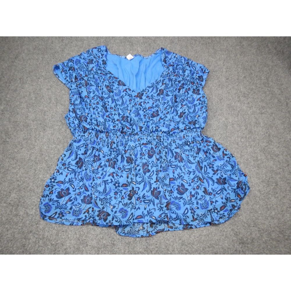Old Navy Blue Floral Print V-Neck Peplum Blouse XXL - Form Fitting